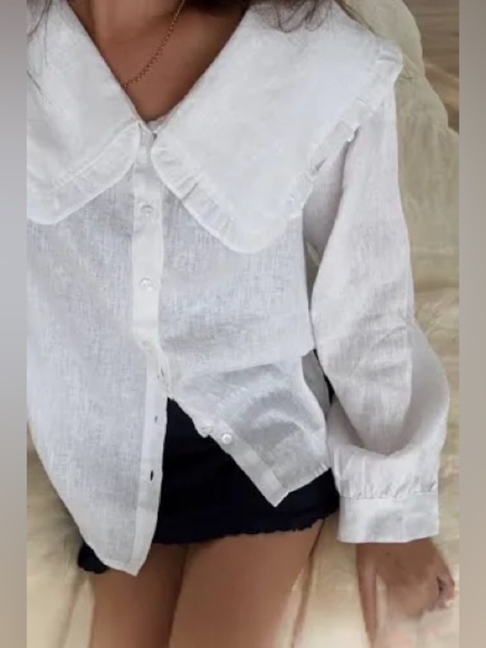 Marlow and Mae Emme Blouse White Linen Large Peter Pan Collar Coquette Feminine